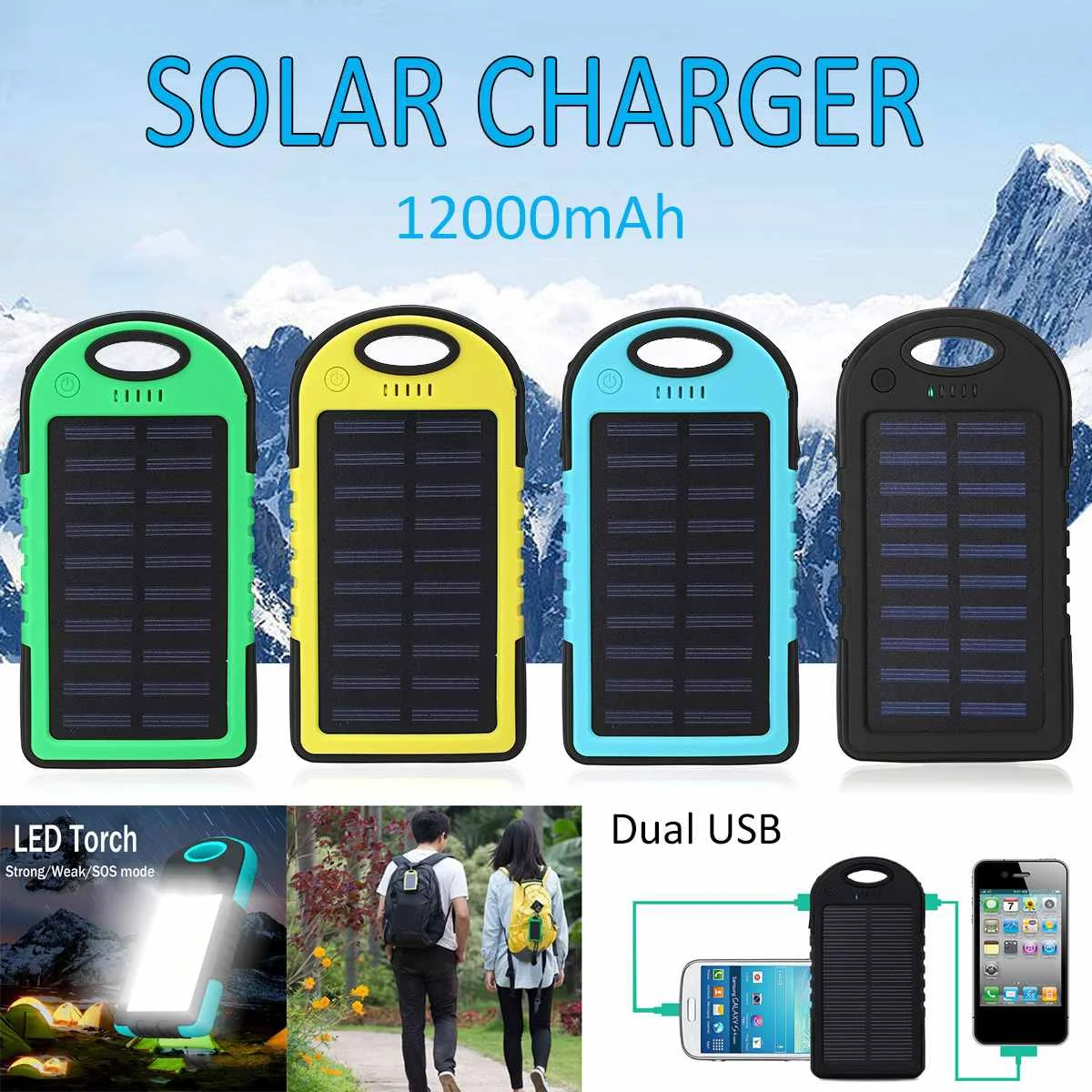 12000mAh Portable Waterproof Solar Panel Solar Power Bank Battery Dual