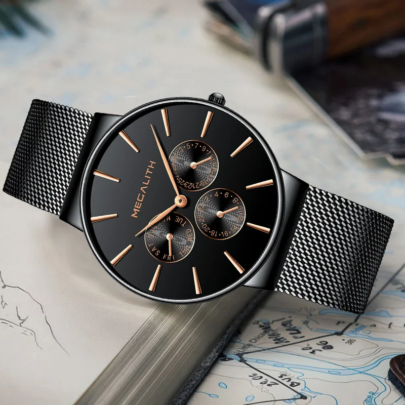 MEGALITH Fashion Sport Wrist Watches Mens Waterproof Black Steel Strap Mesh Date Calendar Untra Thin Design Quartz Watches Gents MEGALITH Fashion Sport Wrist Watches Mens Waterproof Black Steel Strap Mesh Date Calendar Untra Thin Design Quartz Watches Gents