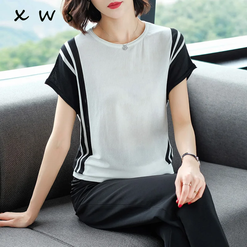 

summer sweater women and pullover 2019 new short sleeve o neck thin knit sweater loose casual patchwork female sweater top