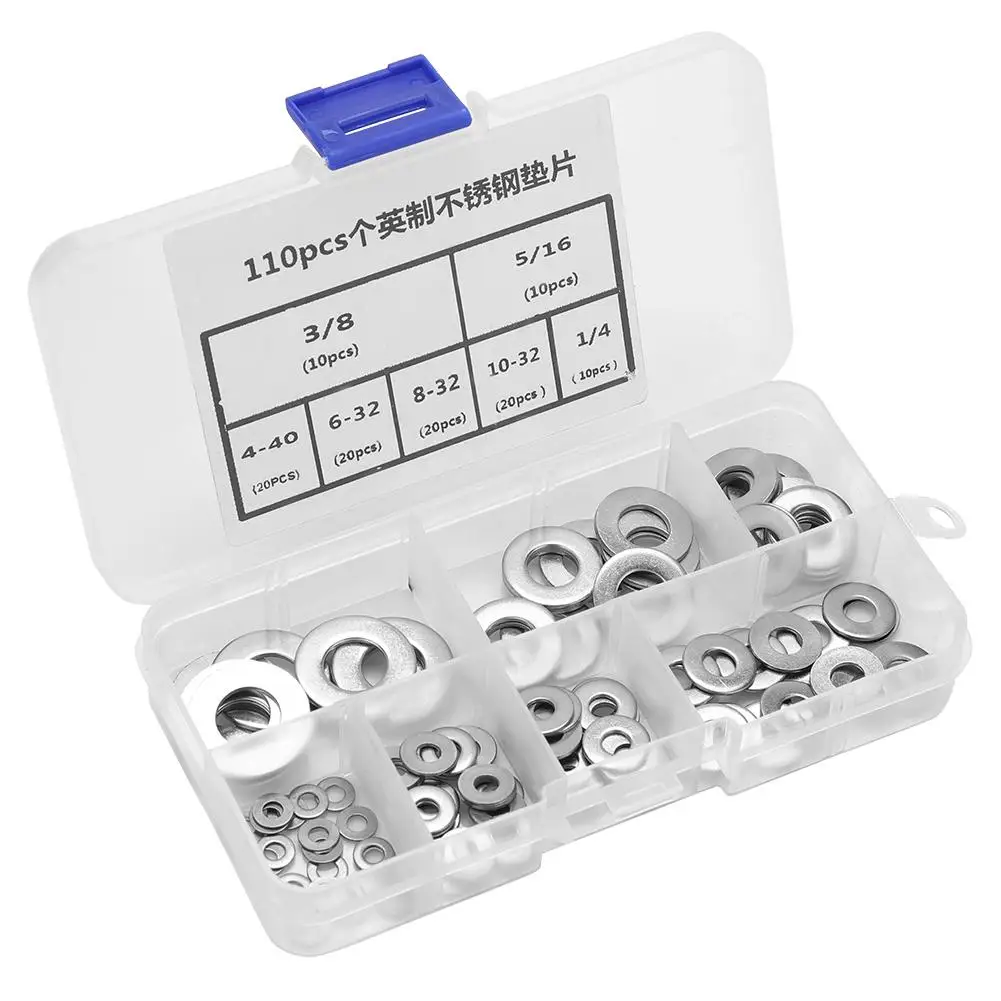 

110pcs Imperial Standard Stainless Steel Flat Washer Plain Washers Assortment Kit Hardware Tools with Box discount Wholesale