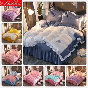 

NEW Gray Bed Skirt Bedding Set Kids Child Girl Soft Cotton Bed Linen Single Twin Full Queen King Size Bedspreads 180x200 200x220