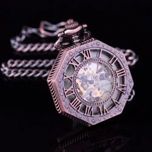 Double Roman Number Skeleton Steampunk Hollow Case Half Hunter Polygon Copper Tone Retro Wind Up Men Pocket Watch | Наручные часы