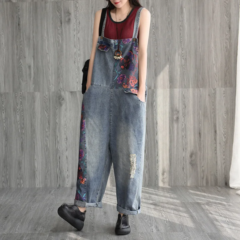 

Wide Leg Bib Denim Overalls Original Baggy Cowboy Trousers Vintage Printed jean Jumpsuits Ladies Casual Bleached Denim Rompers