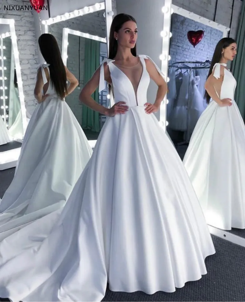 

White Wedding Dress Ball Gown Sexy See Through Round Neck Satin Plus Size Court Train Open Back Modest Gowns for Bride