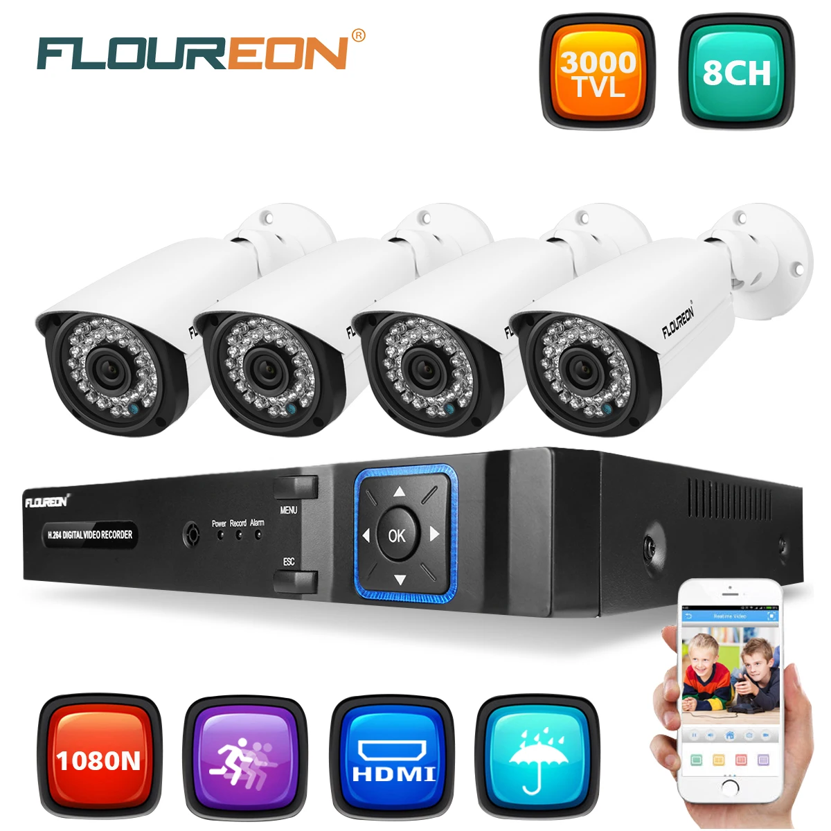 Floureon 8CH 1080N CCTV 5 в 1 TVI AHD DVR + 4 X 3000TVL 2.0MP Пуля комплект камер безопасности AU |