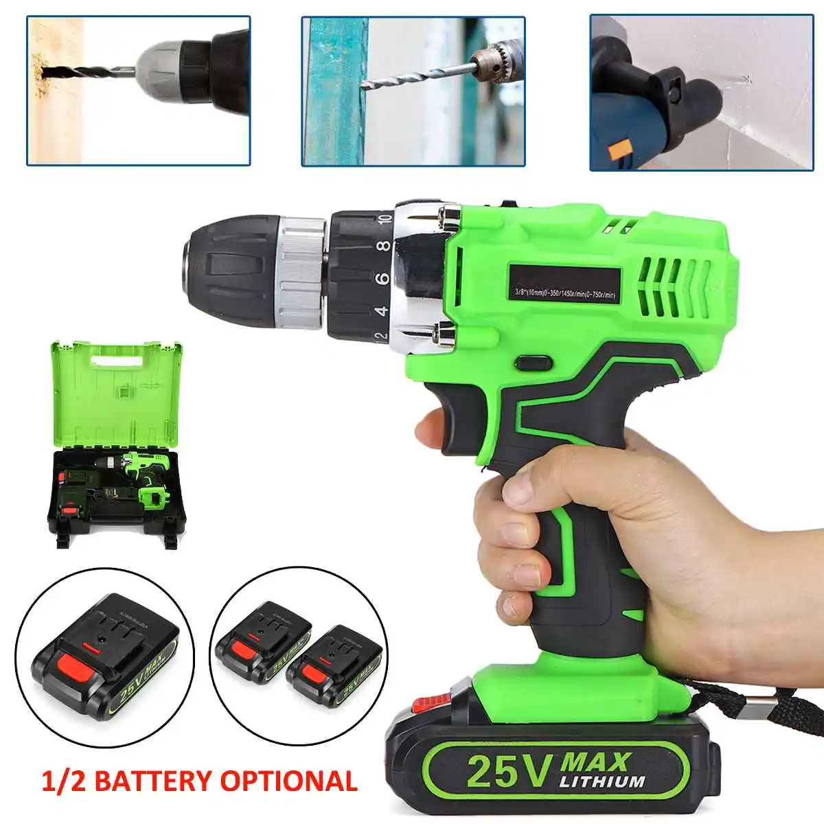 

25V 250W 1550rpm 2-Speed Electric Cordless Drill 3/8" Driver Screwdriver Rechargeable Li-Ion 1/2 Batteries Home DIY Power Tool