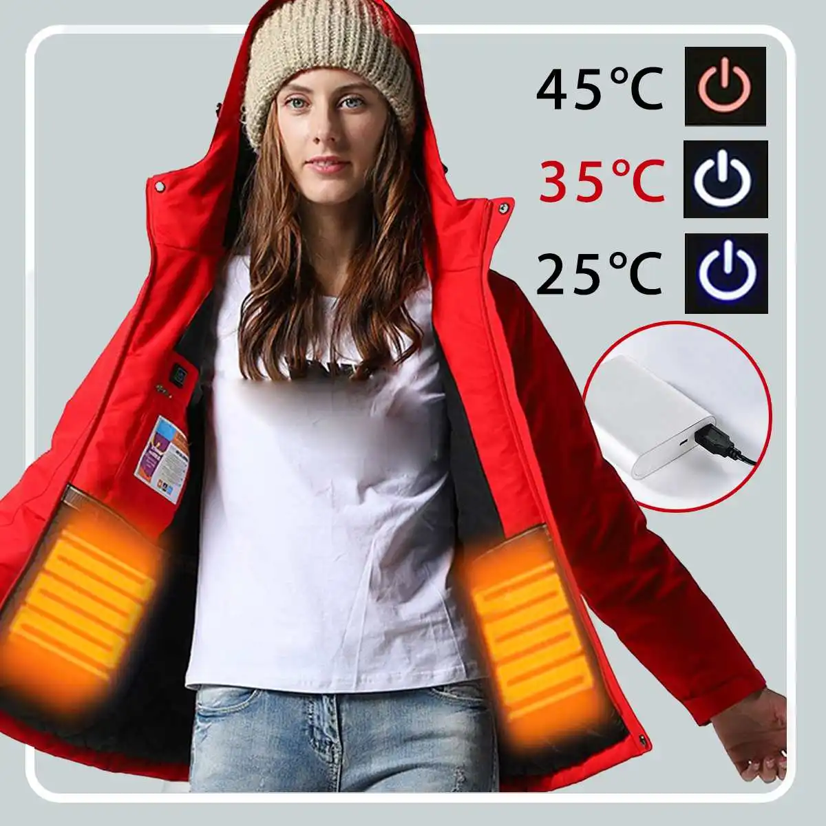 

Women Intelligent Keep Warm Electronic Heating Jacket USB Fast Heatin Adjustable Temperature Waterproof Coat Hooded Jacket