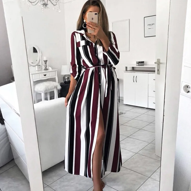

Colorful Stripe Shirt Dress 2019 Spring Summer Sexy Maxi Dresses Long Sleeve Sexy Elegant Casual Girl Lace Party Night Women's