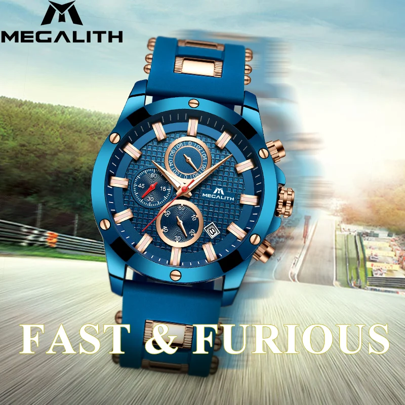 

MEGALITH Sports Chronograph Watches Men Waterproof Blue Silicone Strap Wrist Watch Fashion Casual Quartz Watch Relogio Masculino