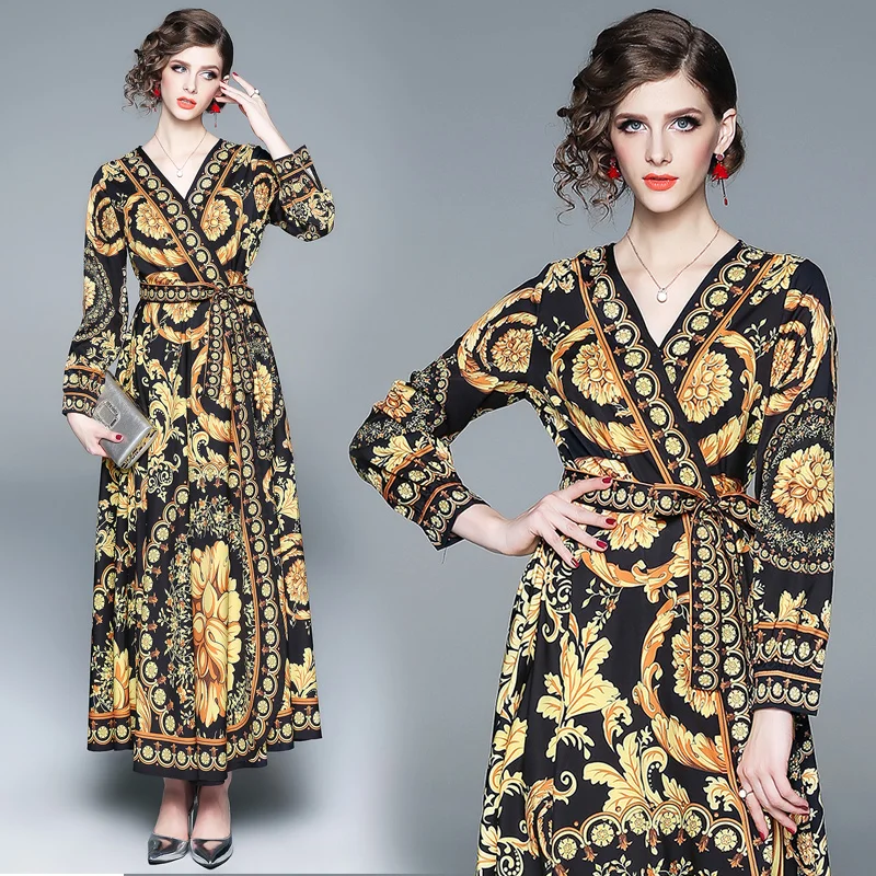 

Banulin New 2018 Designer Runway Maxi Dress Women's Long Sleeve V-Neck Sashes Elegant Long Party Dresses Plus Size