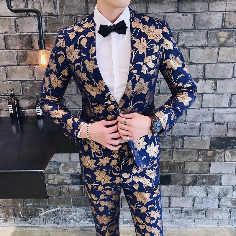 2018 Slim Fit смокинг Для мужчин s Синий Цветочный принт костюм Нарядные Костюмы для