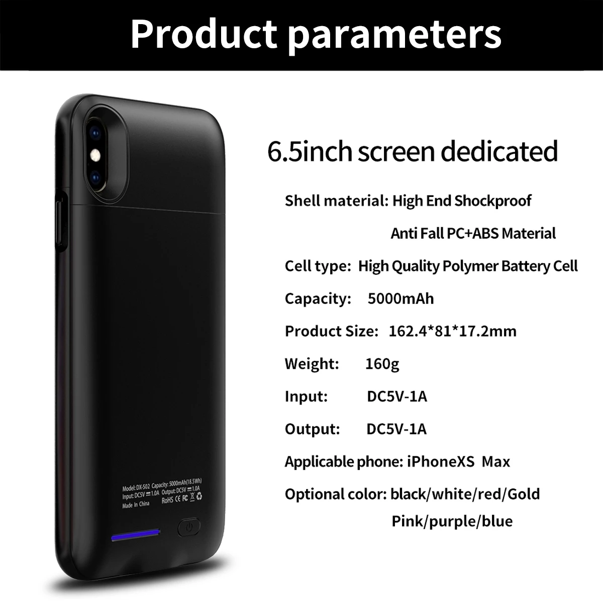 

For iPhone Xs Max 5000mAh Battery Charger Phone Case Extended Battery Backup Power Bank Anti-fall Protective Phone Cover Case