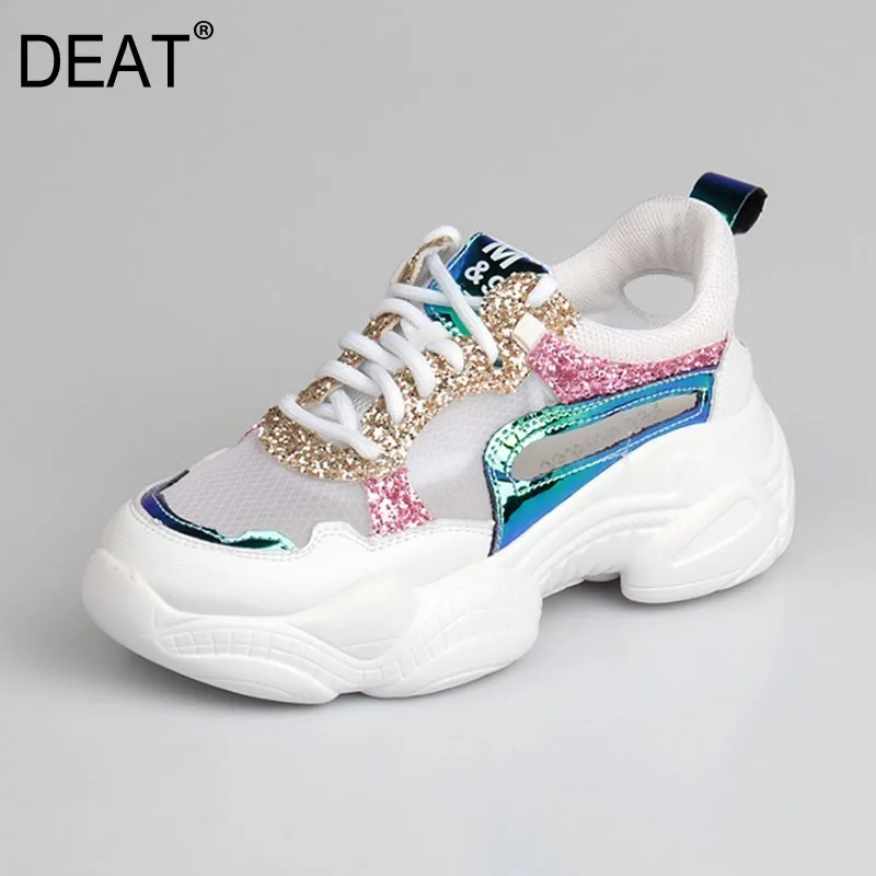 

[DEAT] 2019 New Spring Summer Round Toe Mesh Hollow Out Colorful Bling Single Wedges High Heels Shoes Women Fashion Tide 10A544