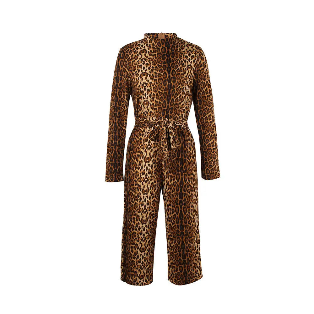 Леопардовый боди для женщин, сексуальный облегающий костюм, водолазка с длинным рукавом, комбинезон с принтом, широкие штаны, Комбинезоны