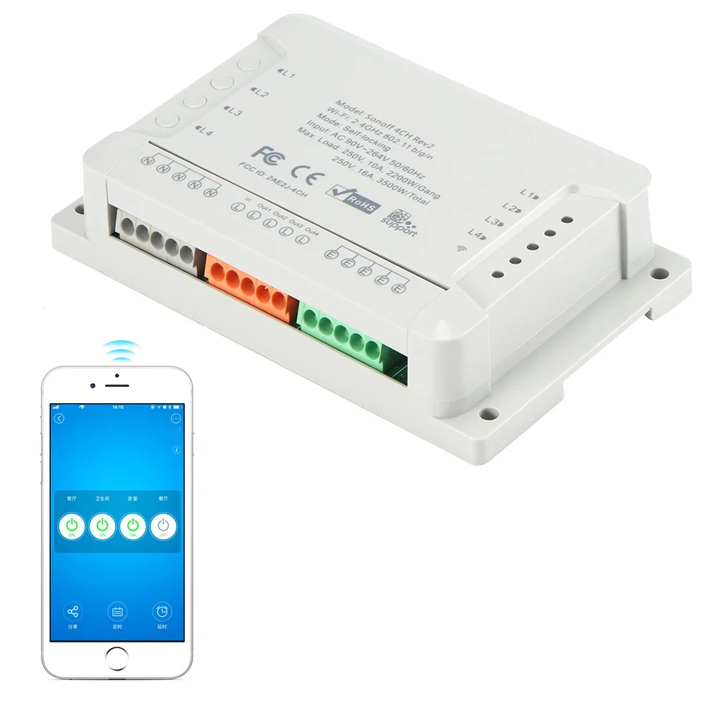 

4CH 4 Gang Way Sonoff Smart Remote Control Wireless Switch Module Smart Home with Timing for iOS Android 3500W AC 110v-220v