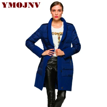 

YMOJNV High Quality Women Winter Coat 2019 New V Neck Single Breasted Blue Long Slim Duck Down Parkas Brand Winter Jacket Female