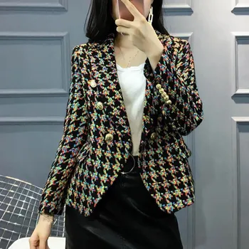 

Fashion Runway Designer Blazer 2018 Tweed Wool Blazer Women Double Breasted Metal Buttons Slim Blazer Jacket
