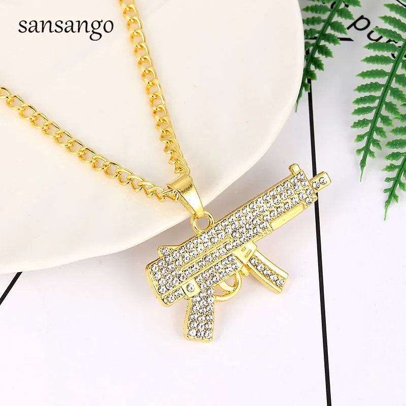 

New Gold Color Uzi UMP9 Submachine Gun Pendant Necklace Men Alloy Full Crystal Bling Gun 24 Inch Long Cuban Link Chain Boy Gift