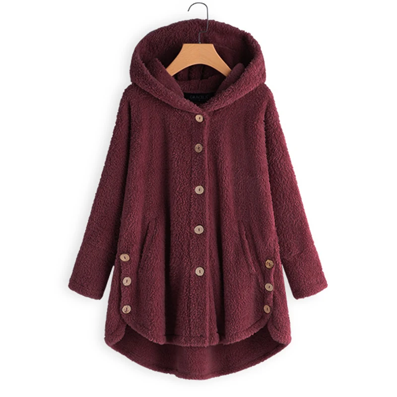Пальто размера плюс с длинным рукавом Женские куртки из искусственного меха зимние женские теплые мягкие с капюшоном пуговицы для верхней одежды пуховое женское плюшевое Пальто 5XL