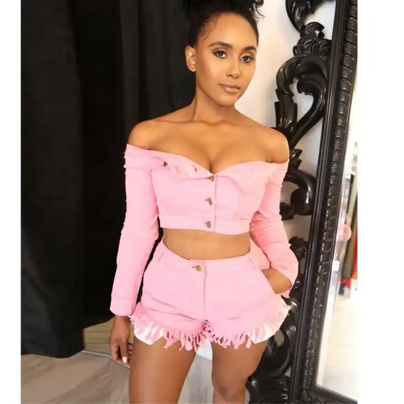 pink denim two piece set