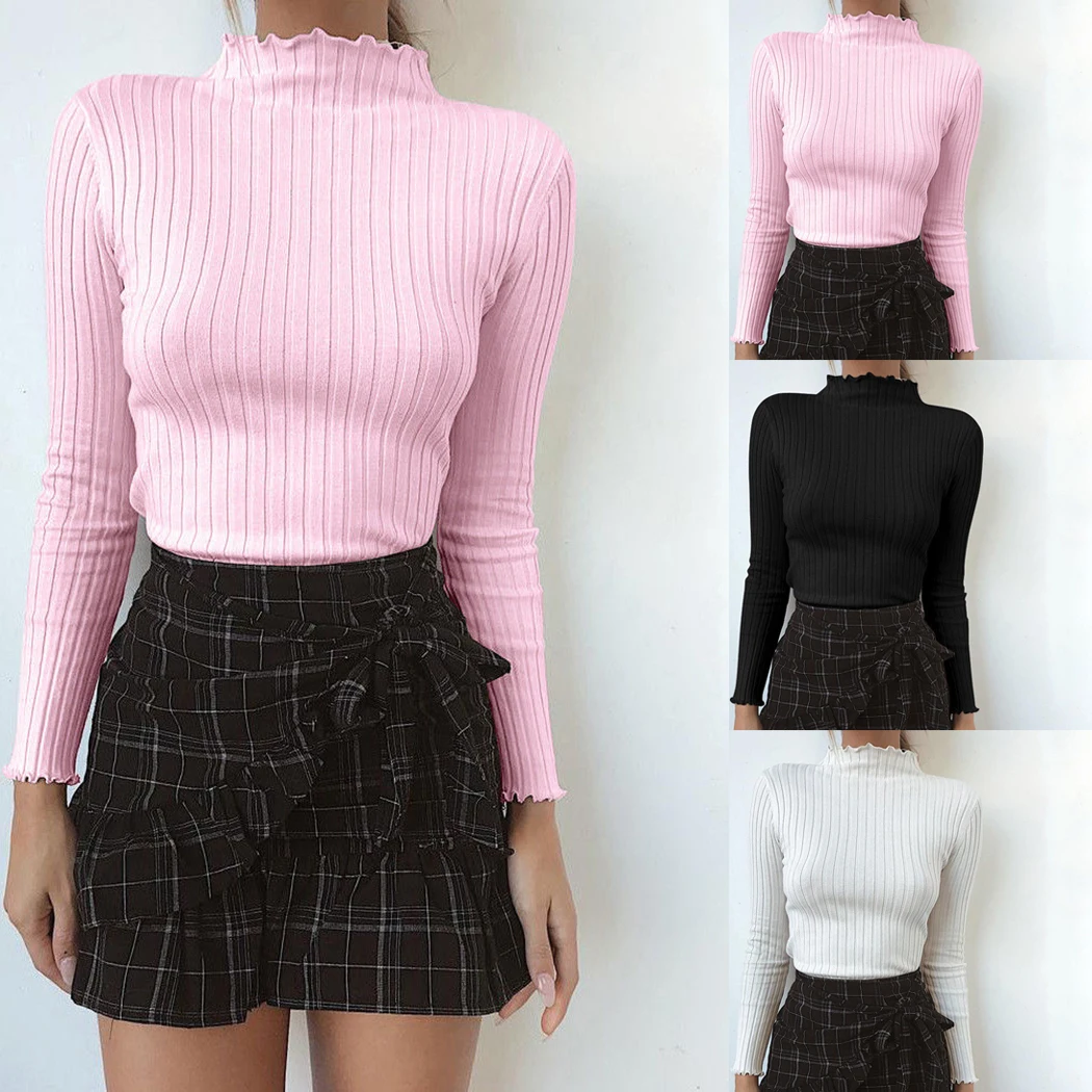 New Fashion Women Knitted Sweater Top Cotton Rib Slim Fit Jumper Pink White Winter Spring Ladies Solid Color Pullover Sweaters | Женская