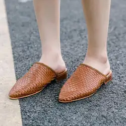 Женские летние шлепанцы из искусственной кожи на низком каблуке, элегантные сандалии с острым носком, Весенняя Удобная классическая обувь