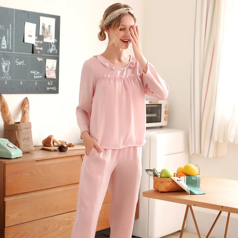

Spring and Summer Women's Newest Comfortable Simple Korean Style Long Sleeve and Trousers Loose Style Female Lacy Pajamas