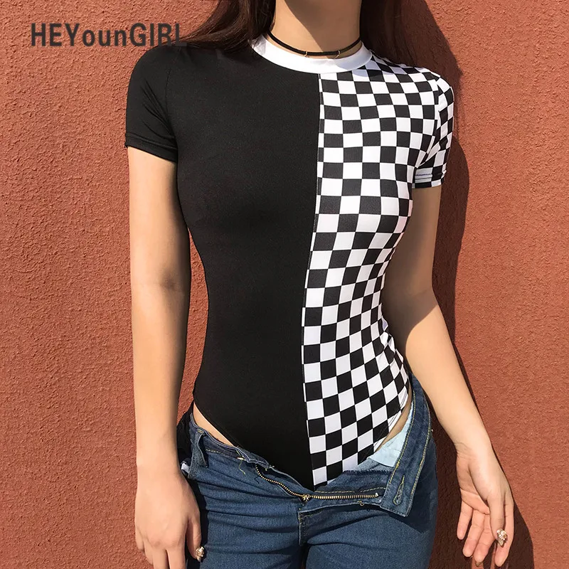Женское боди в клетку Heyounngirl с коротким рукавом черное стиле пэчворк женские