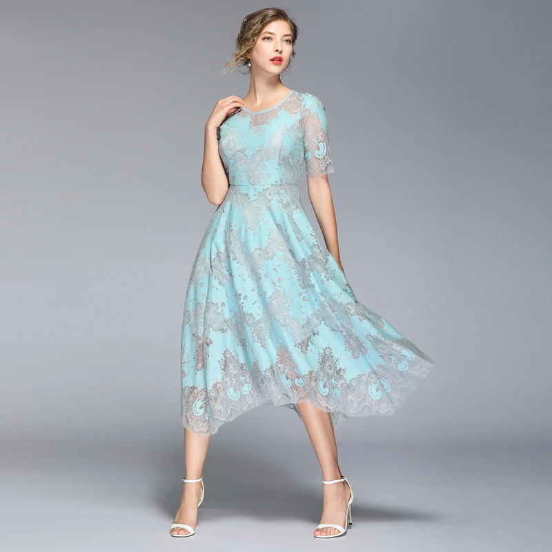 

2019 Summer Women Vintage Lace Runway Dress Ladies Fashion Printed Hollow Out Contrast Color Half Sleeve Party Dress Vestidos