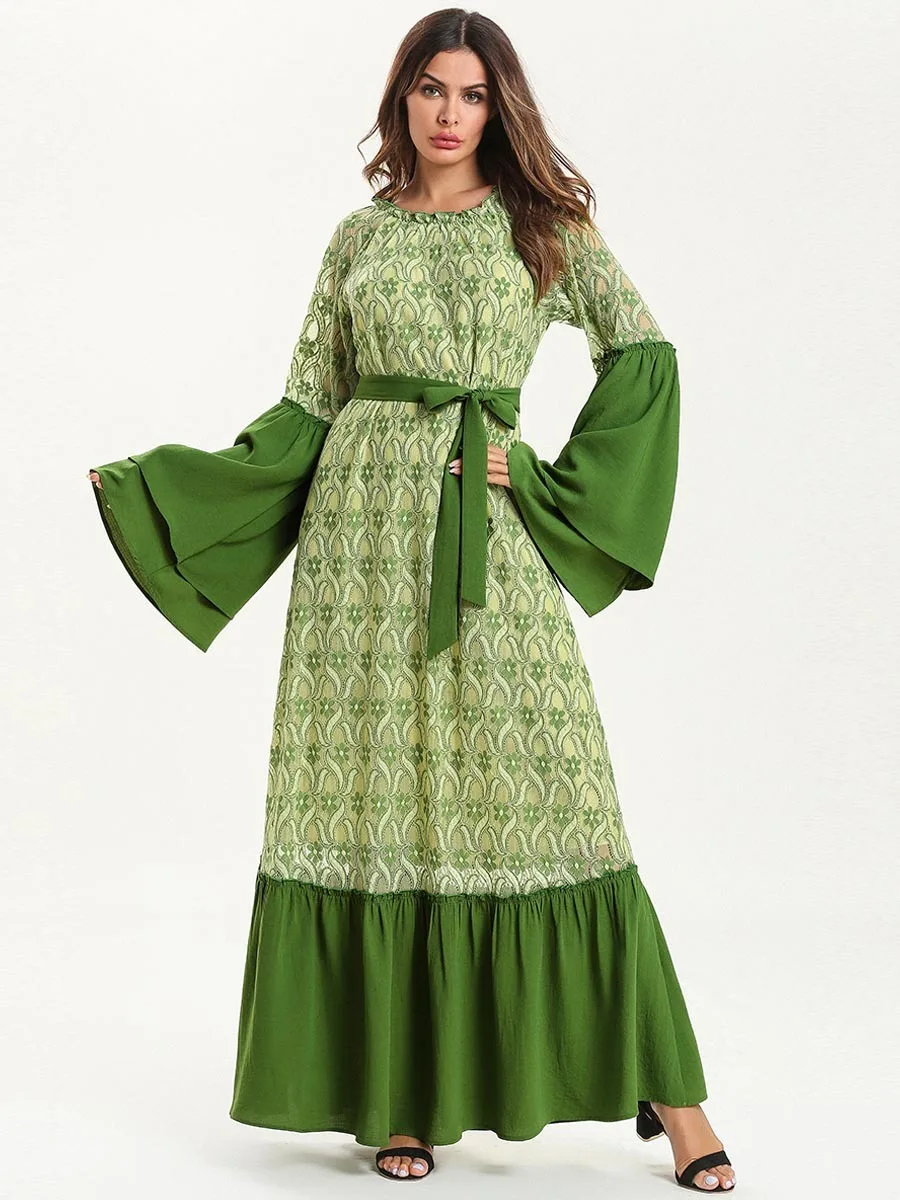 Элегантное мусульманское кружевное платье abaya с расклешенными рукавами летучая