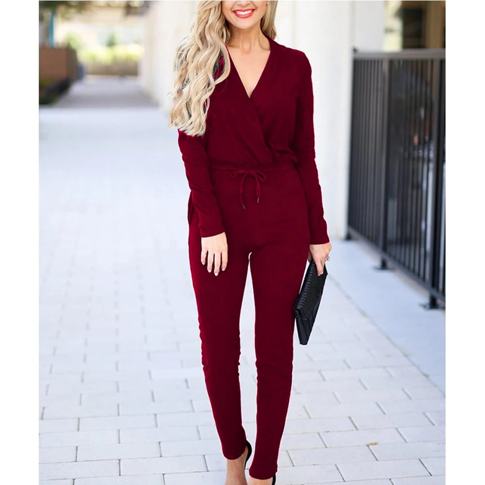 

New Fashion Jumpsuit Women Clubwear Autumn V Necl Long Sleeve Bandage Belt Playsuit Bodycon Jumpsuits Rompers Womens Trousers