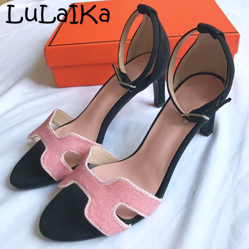 

2019 Summer New Spell Color High Heels Fashion Buckle Sequined Cloth Shining Thin Heel Shoes Elegant Woman Outdoor Sandals