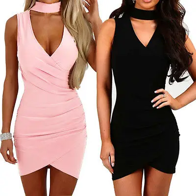 Womens Ladies Clothes Dresses V Neck Wrap Skinny Solid Skinny Mini Bodycon Party Dress Women