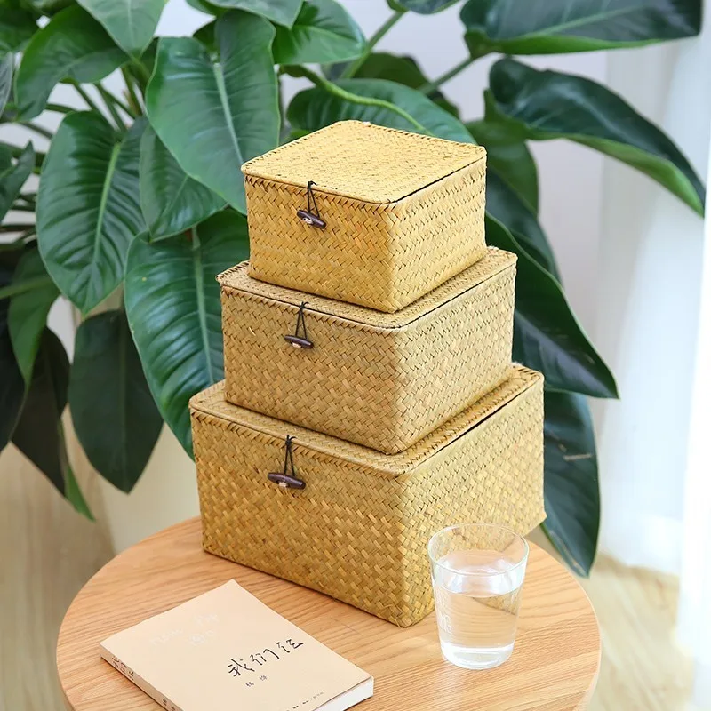 

Square Handmade Straw Storage Box Rattan Baskets Wicker Container Sundries Organizer Candy Snack Cosmetic Jewelry Case Modern