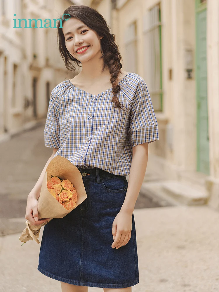 

INMAN 2019 Summer New Arrival Plaid Literary Retro Casual Minimalism All Matched Blouse Jean Skirt Women Two Pieces Suit