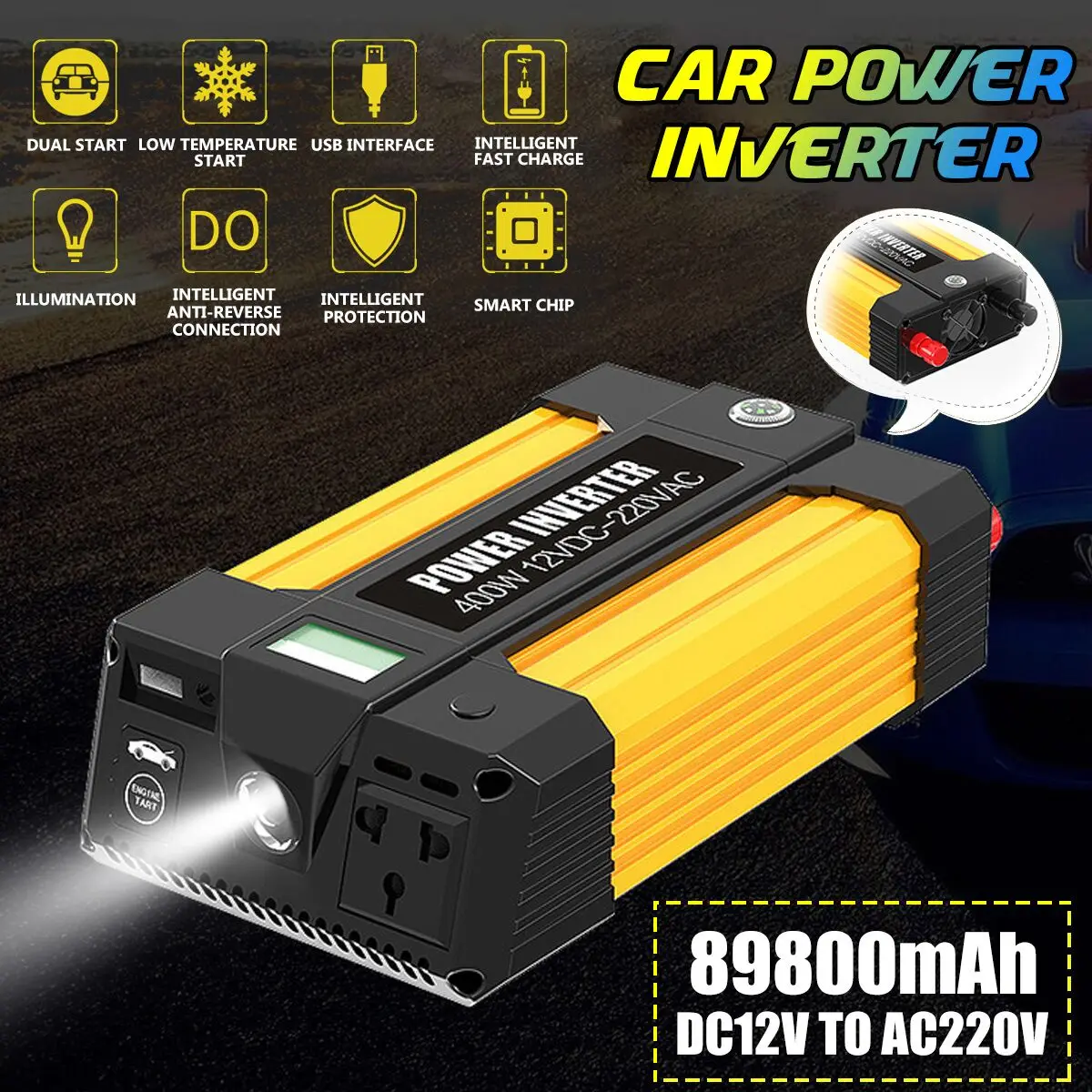 2 IN 1 Car Jump Starter Power Inverter Portable Charger Battery Power Bank 400W DC 12V To AC 220V USB Battery Booster Power Bank