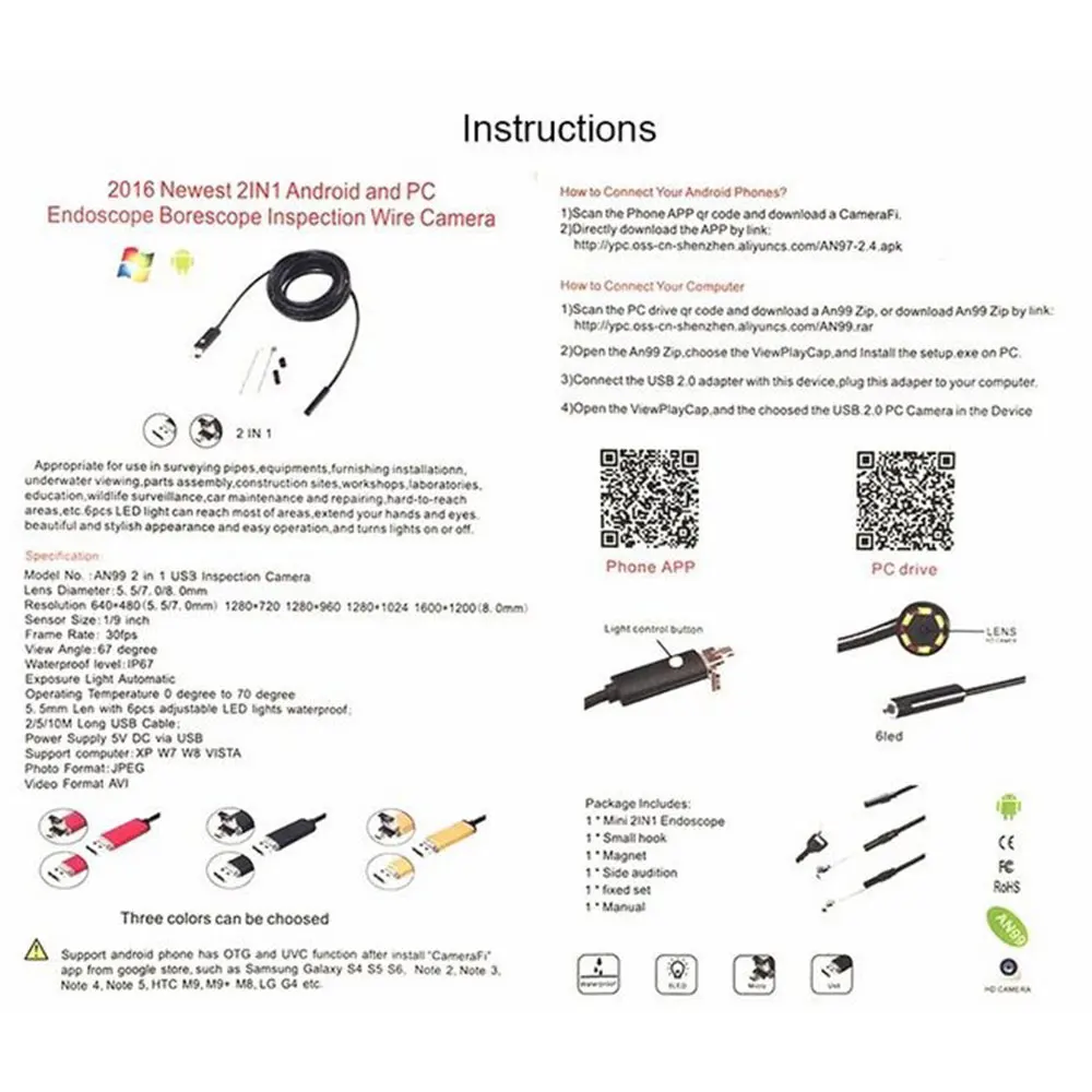 1PC 2 IN 1 USB Endoscope 7mm 10M 2MP Borescope Cable Probe Waterproof Inspection Borescope 6 LEDs USB Wire Snake Tube Camera