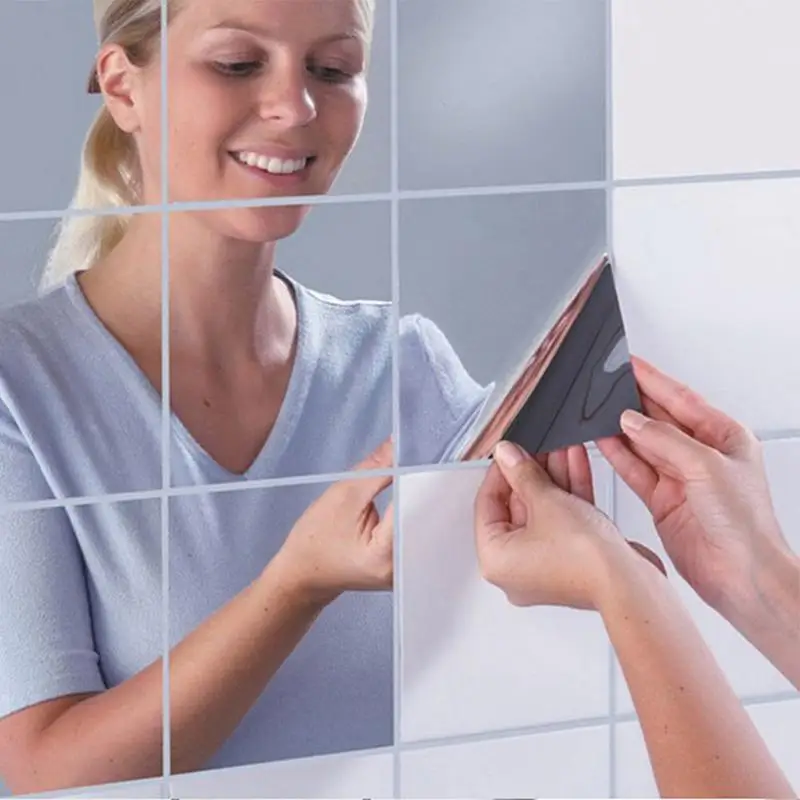 

16pcs Squares Mirror Wall Sticker Tile Silver Home Decorative Surface Waterproof Self-adhesive Bathroom Mirror Decal 15 X 15cm