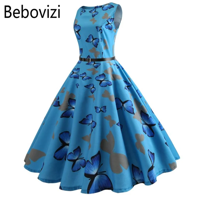 

Bebovizi Blue Butterfly Dress O-neck Summer 2018 New Elegant Clothing for Women Robe Rockabilly Party Dresses Plus Size Female