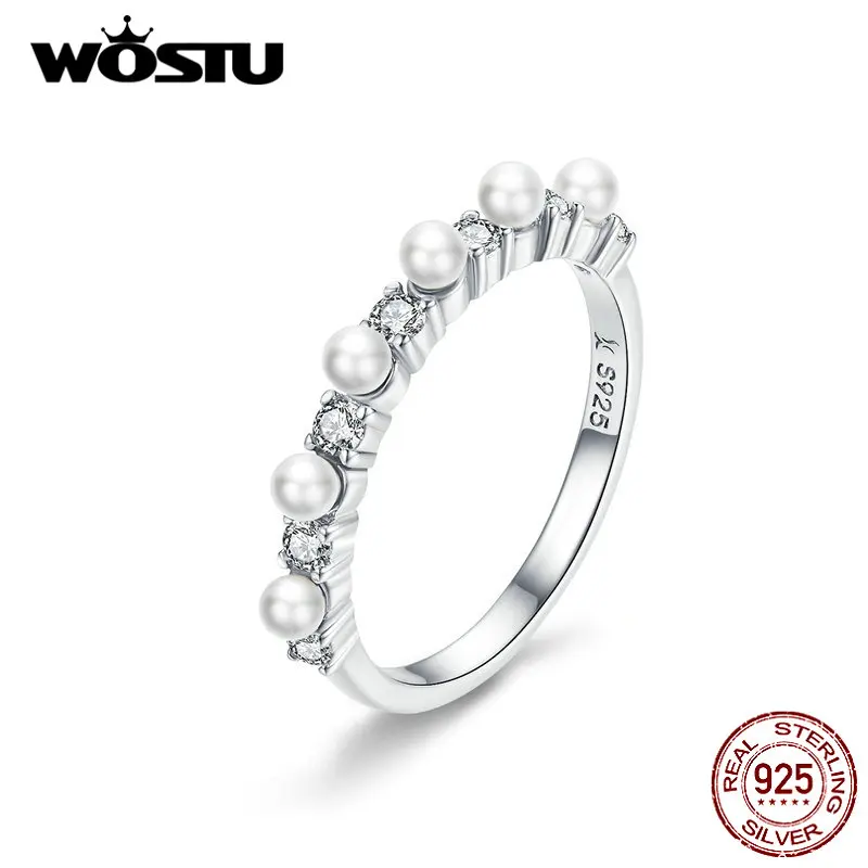 

WOSTU Bright Zircon Pearls Ring 925 Sterling Silver Fashion Rings Finger For Women Wedding Engagement Silver 925 Jewelry CTR039