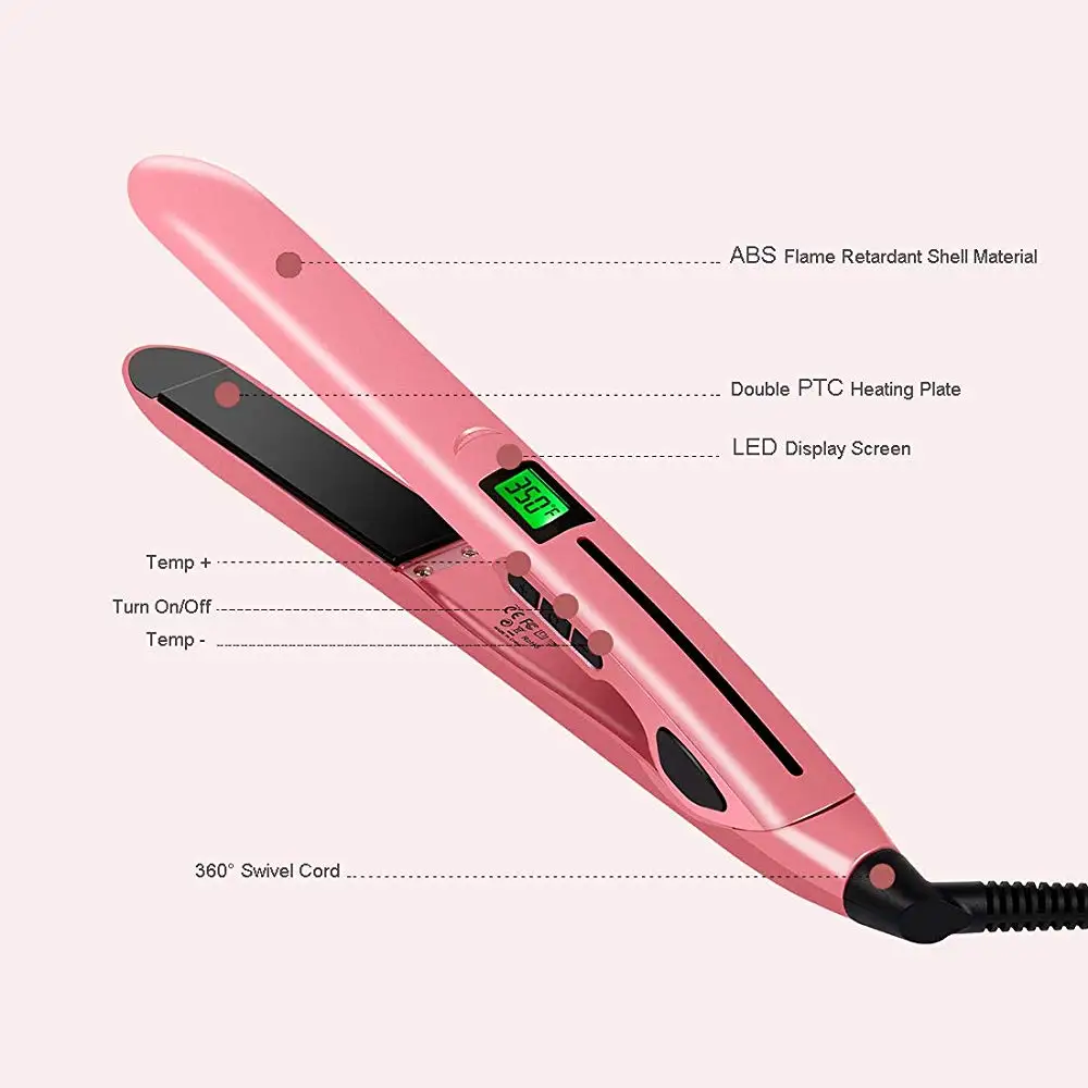 Выпрямитель для волос с 1 дюймовыми ионными пластинами Регулируемая температура подходит для всех типов волос быстрое двойное напряжение розовый Великобритания plu
