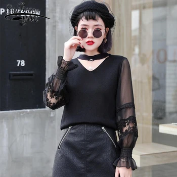 

sweaters fashion 2019 women autumn and winter new necking V Collar Chiffon spliced yarn sleeves bottoming sweater 1618 50