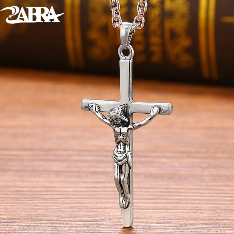 ZABRA 100 925 Sterling Silver Jesus Cross Pendant Necklace For Men
