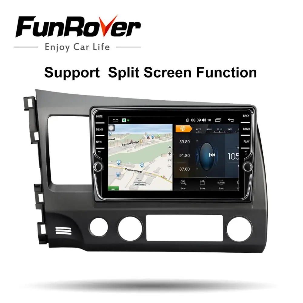 Sale Funrover 2 din car multimedia dvd player android9.0 gps stereo for Honda Civic 2006-2011 4G+64G navigation tape recorder DSP LTE 1