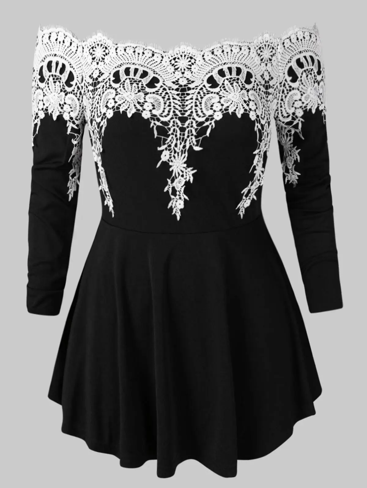 

Wipalo Plus Size Lace Trim Off The Shoulder Peplum Tee Fashion Long Sleeve Empire Waist Patchwork Casual T-Shirt Ladies Top 5XL