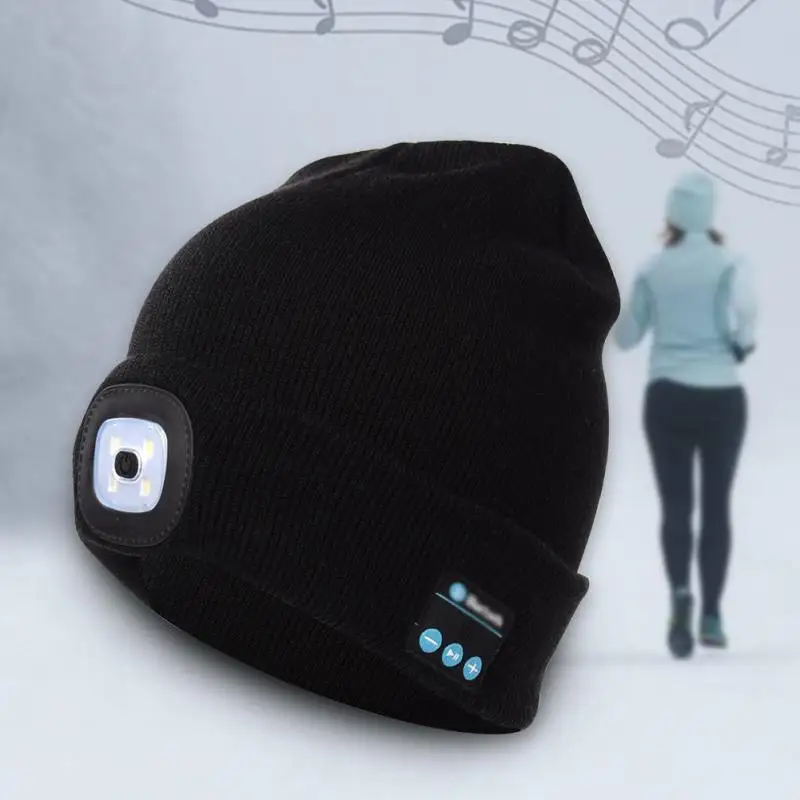 

Wireless Bluetooth 5.0V Beanie Knitted Plus Velvet Winter Running Hat With LED Headset Mic Headphone Music Sport Smart Cap