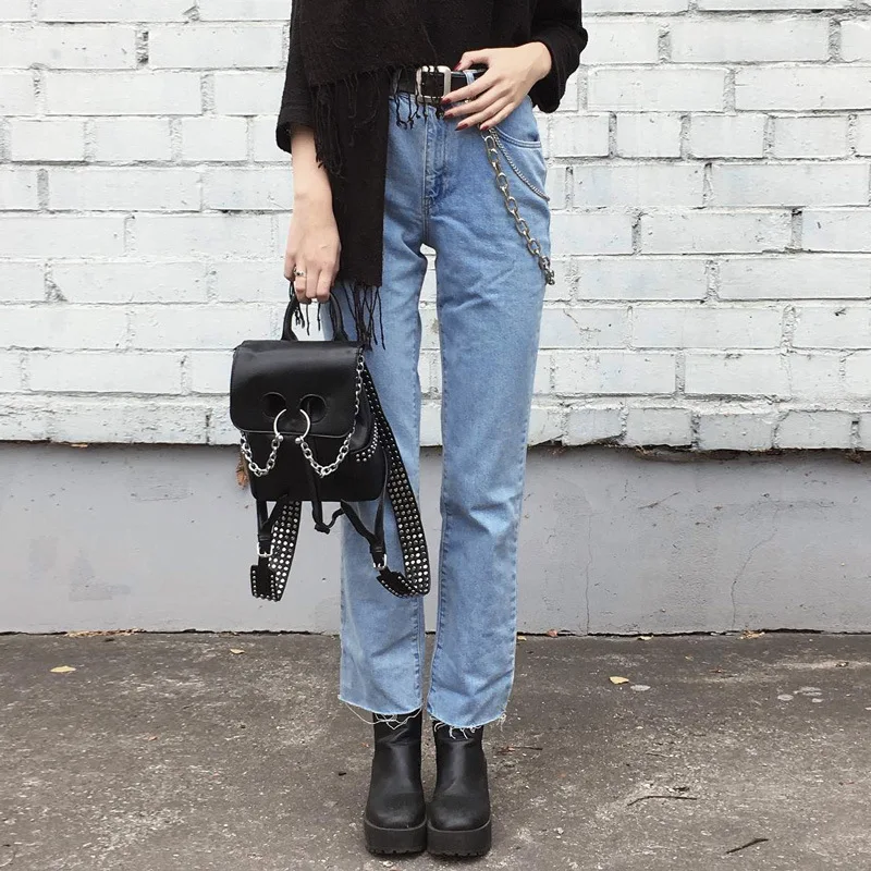 Spring Vintage Women's Ripped Mom Jeans High Waist 2019 Summer Chain Slim Harajuku Straight Trousers With Holes Women Streetwear
