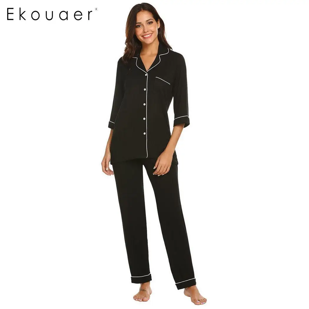 Ekouaer сезон: весна-лето пижамы наборы для ухода за кожей для женщин Ночное круглый средства ухода за кожей шеи короткий рукав в полоск