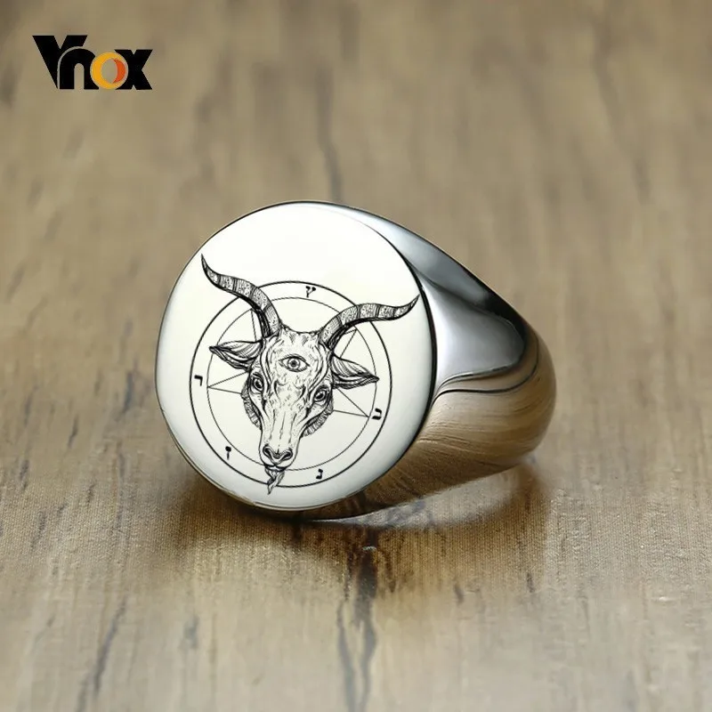 

Vnox Devil Goat Head Custom Engrave Mens Stamp Ring Stainless Steel Rock Round Top Signet Ring