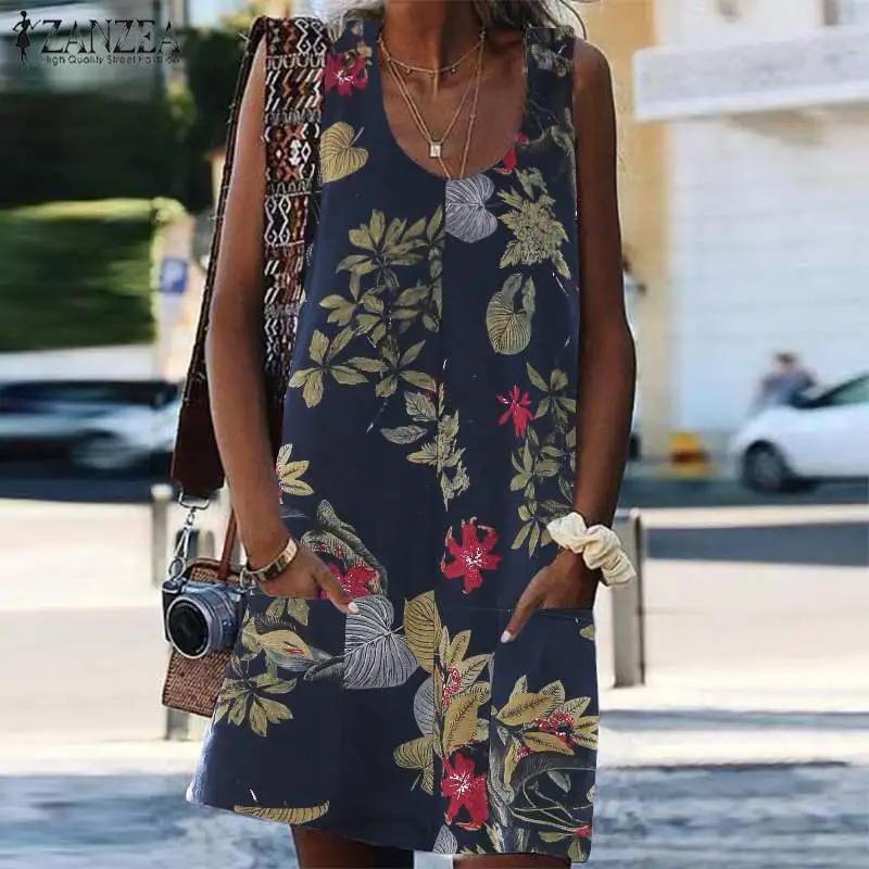 

2019 Summer Women Mini Dress ZANZEA Vintage Bohemian Print Sundress Sexy Sleeveless Pockets Beach Vestidos Robe Femme Plus Size